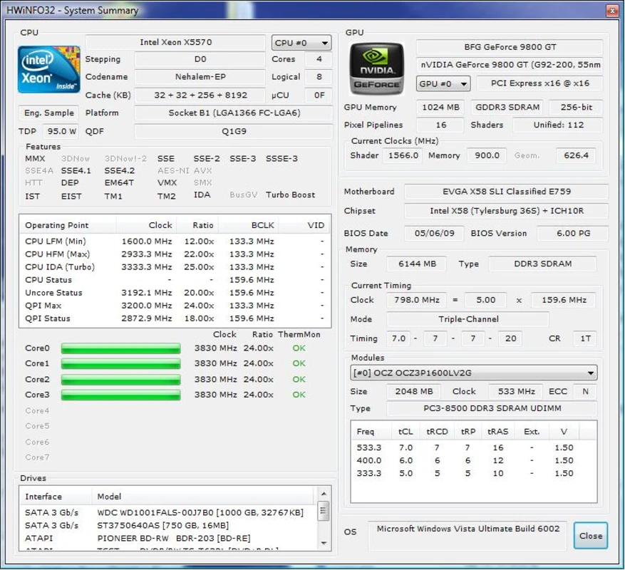HWiNFO System Summary showing CPU, GPU, motherboard and memory specifications