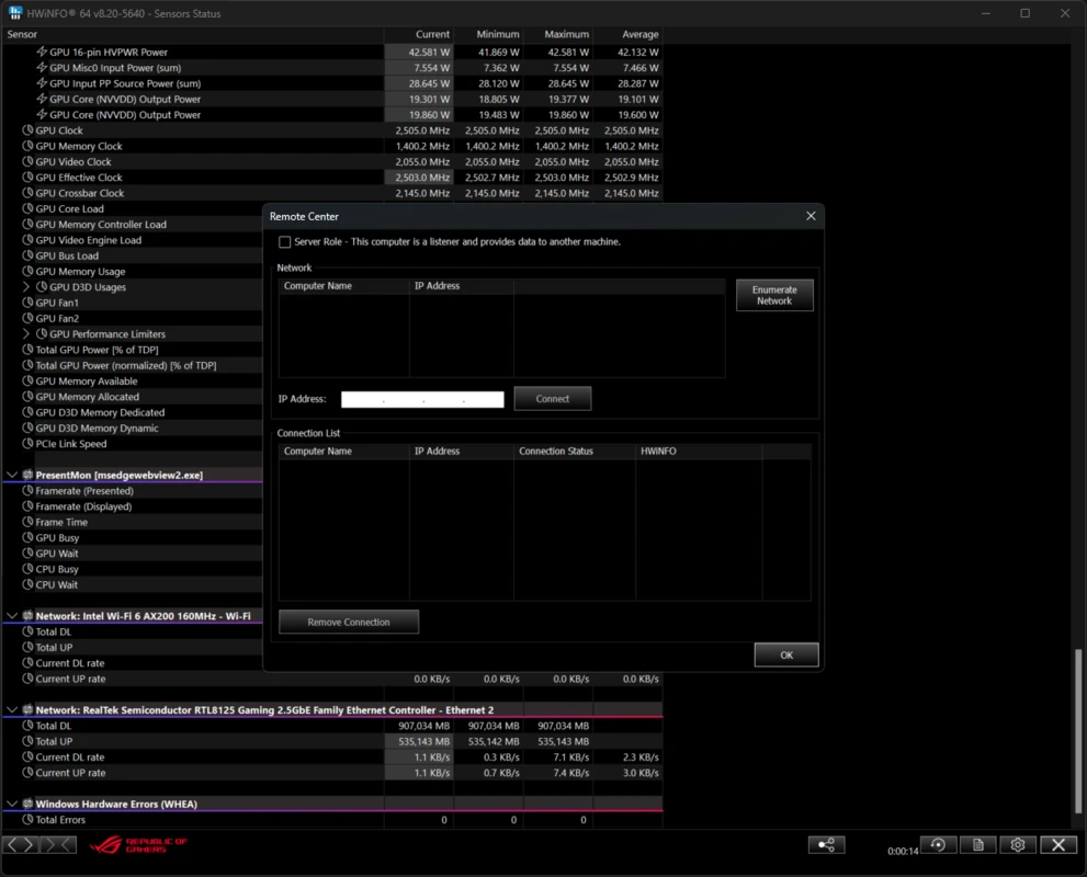 HWiNFO quick reference panel with sensor status and summary readouts