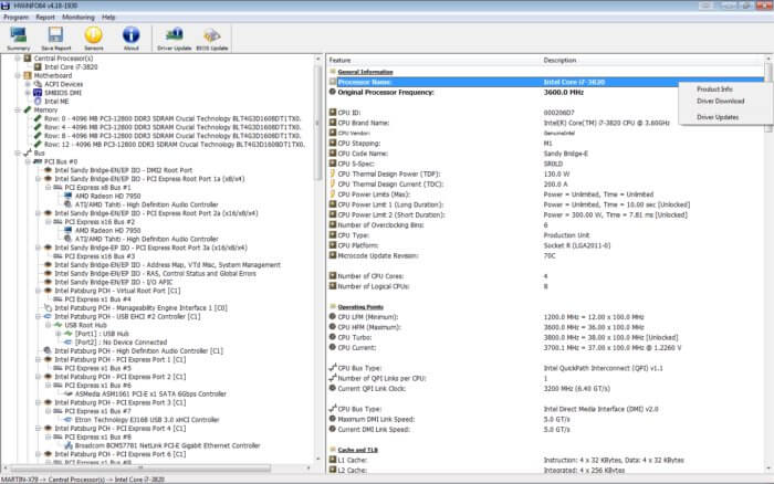 HWiNFO64 CPU and chipset information panel with cache and clock details